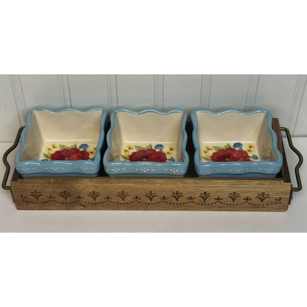 Pioneer Woman Sweet Rose Condiment Dish Set Mini Dip Square Bowls with Wood Tray